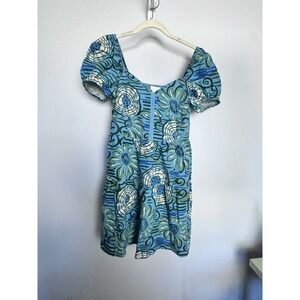 House of Harlow 1960 womens floral Mini Dress sz M Linen‎ Blend Puff-Sleeve Blue